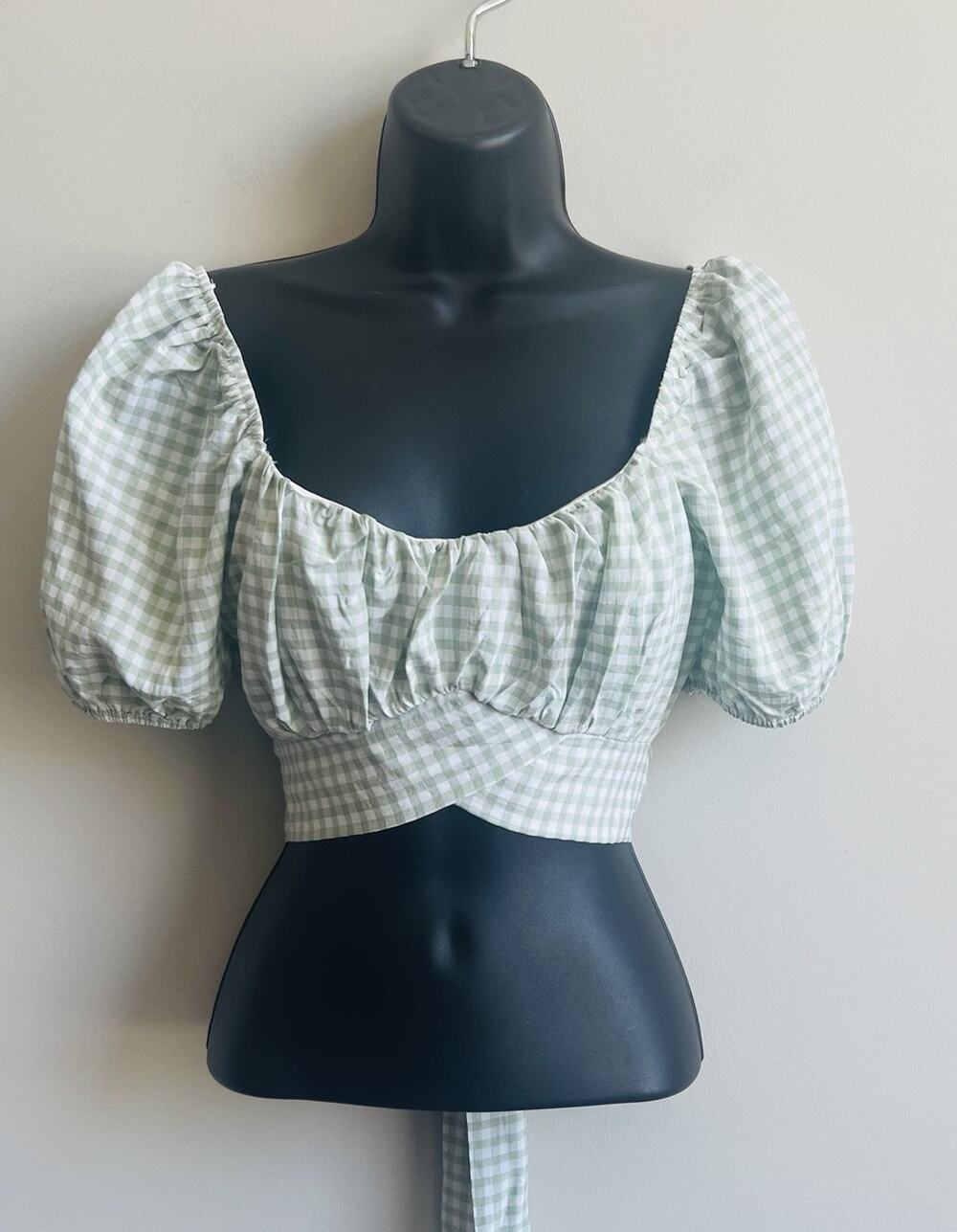 Altard State Top Crop Gingham Green White Tie Peasant Festival Small